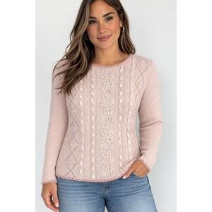 Vintage Pink Knit Sweater Ribbon Floral Embroidered Ramie Cotton Med Grandmacore